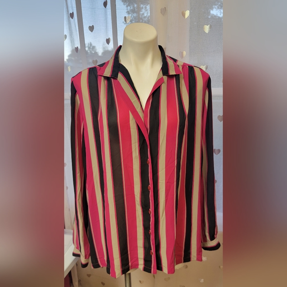 #60 Lady Shapely 38 Pink Black Cream Vertical-Striped Blouse
